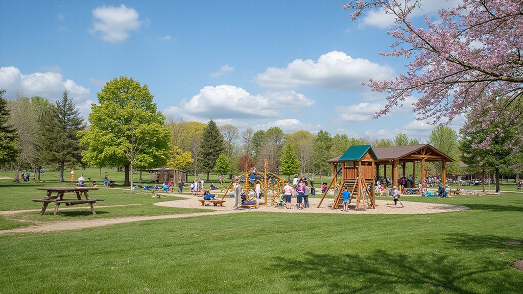 Cherry Blossom Meadow, WA -
Vibrant daytime scene at Highlands Grange Park showing families enjoying playgr