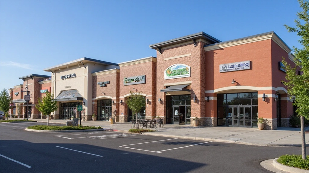 Cherry Blossom Meadow, WA -
Modern photograph of Columbia Center shopping area with retail storefronts, din
