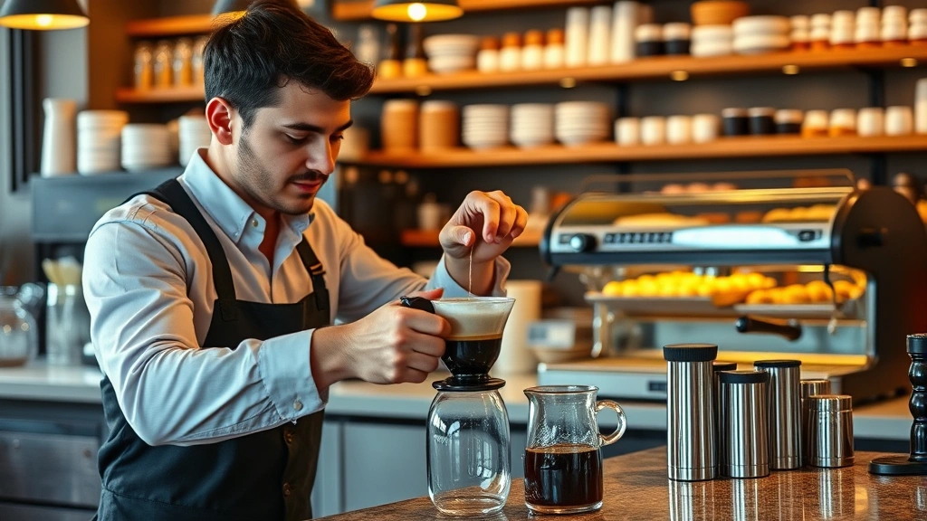 Coffee Shops in Richland -
Professional barista preparing pour-over coffee at artisan café counter with es