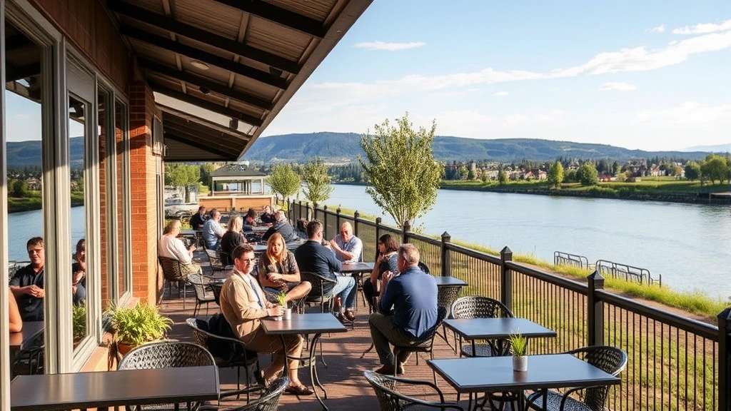 Coffee Shops in Richland -
Outdoor patio seating at riverside coffee shop overlooking Columbia River in Ri