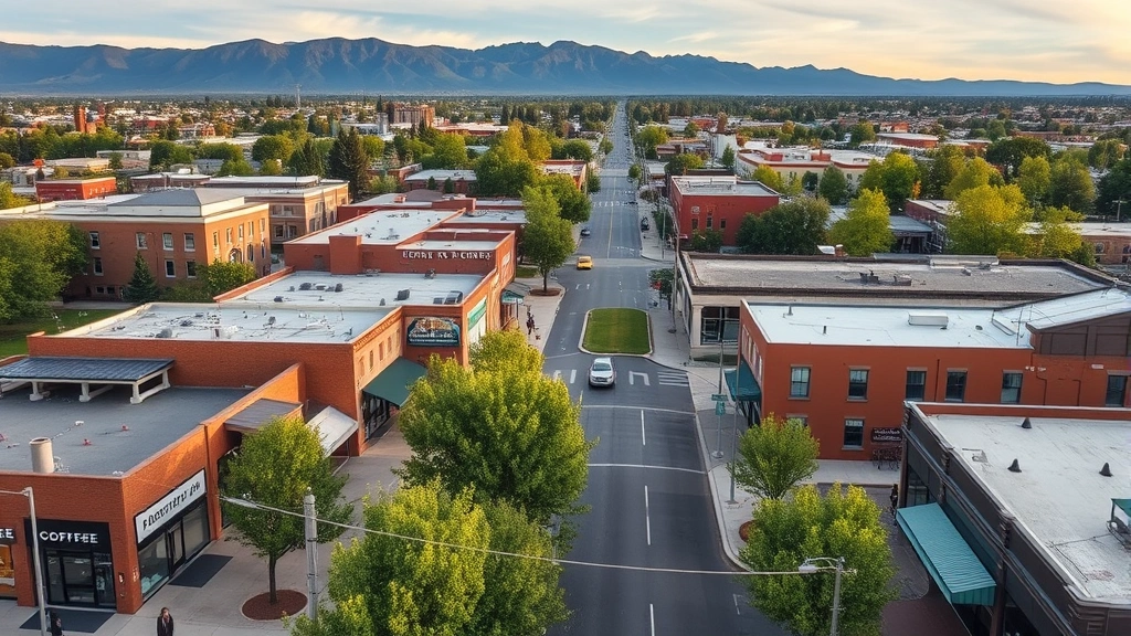 Coffee Shops in Richland -
Aerial view of Uptown Richland Washington showing Jadwin Avenue with local coff