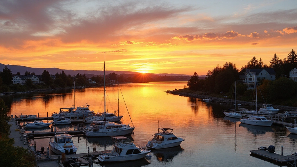Columbia View, WA -
Scenic Columbia River waterfront at sunset with boats moored at marina, residen