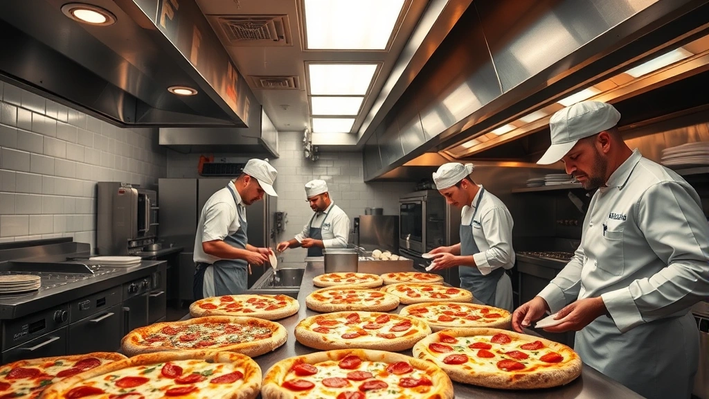 Pizza Delivery in Pasco -
Interior shot of a busy pizza kitchen with chefs tossing dough and preparing fr