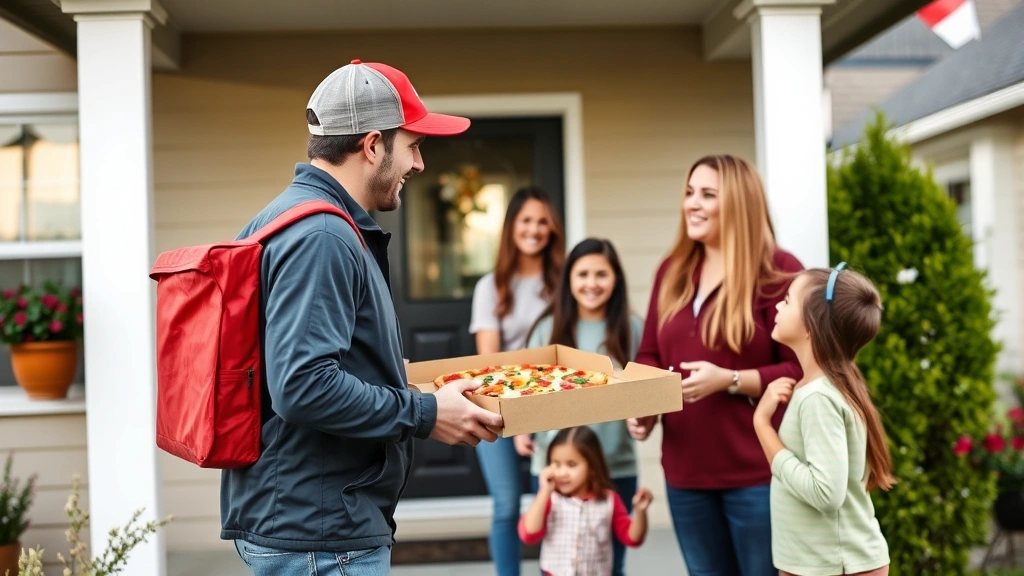 Pizza Delivery in Pasco -
Delivery driver handing a hot pizza box to a happy family at their front door i