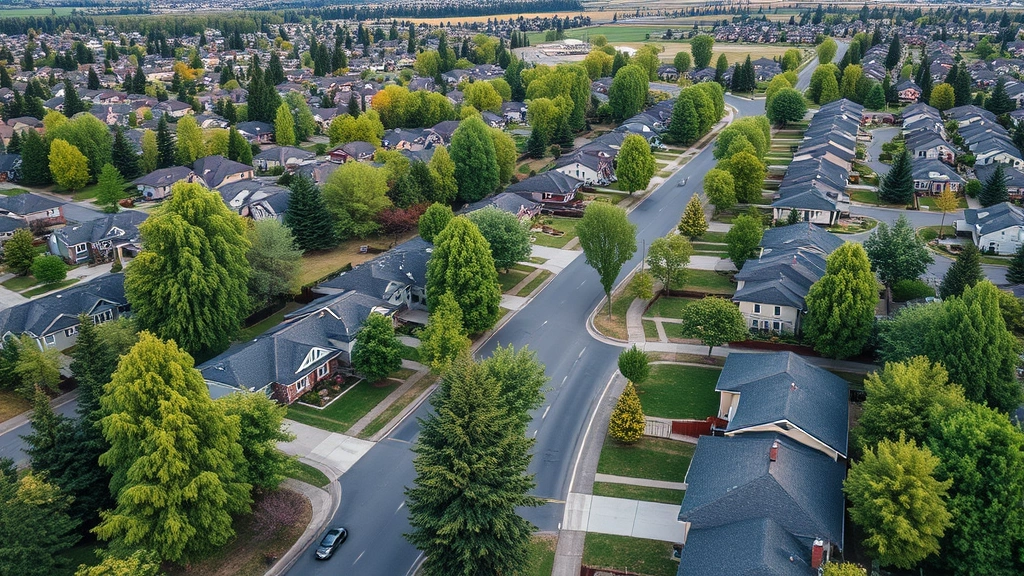 Real Estate Agents in Richland -
Aerial view of Richland residential neighborhoods with tree-lined streets and m