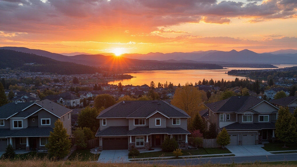 Shadow Run, WA -
Tri-Cities lifestyle scene showing Columbia River sunset with modern suburban h